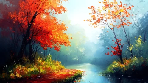 Autumn river bend under misty light with vivid trees.