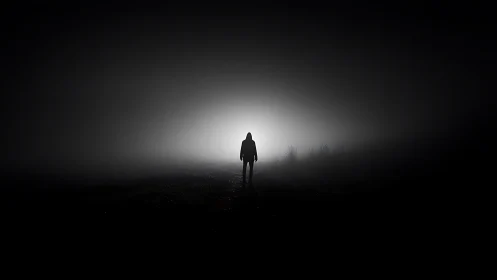 Silhouetted figure in backlit nocturnal fog field photograph.