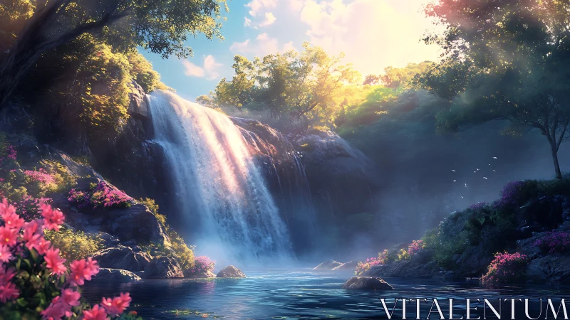 Sunlit forest waterfall over mossy rocks in tranquil cove