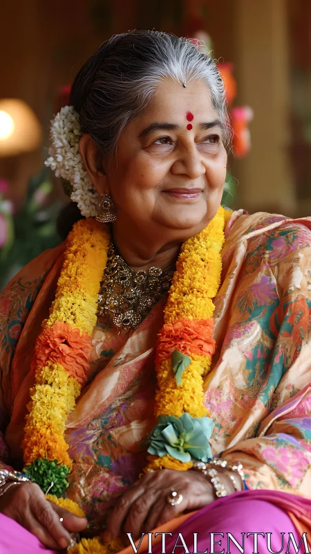 Elderly Indian woman smiles in festive floral garlands