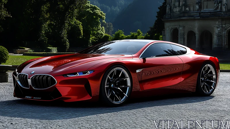Red BMW concept coupe with reflective body and estate backdrop.