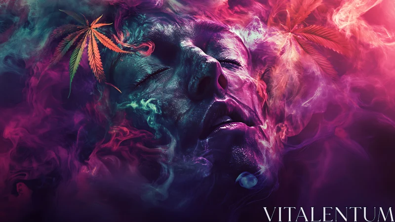 Human face immersed in colored smoke with cannabis leaves