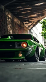 Green modified sports car under urban overpass at dusk.