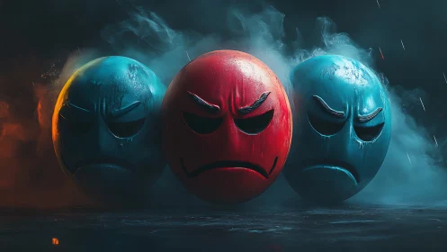 Three stylized frowning spheres in colored atmospheric light.