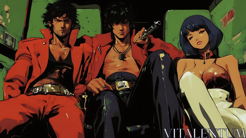 Three seated characters in stylized urban interior setting.