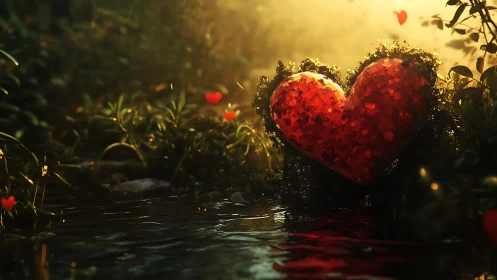 Luminous Red Hearts Nestled in Moss-Covered Garden.