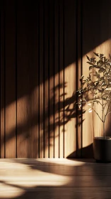 Minimalist wood wall with potted plant in warm sunlight.
