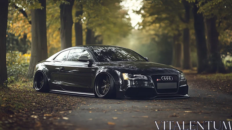 Sleek black Audi coupe rests low beneath a golden forest canopy
