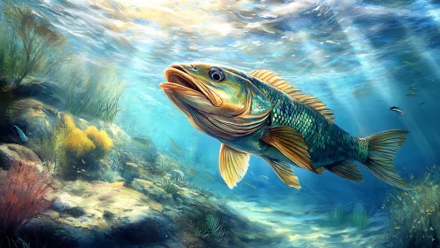 Sunlit emerald fish gliding through vivid reef waters.