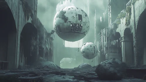 Strange floating orbs drift through a misty ruined cityscape