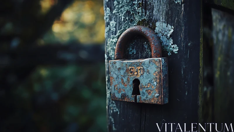 Weathered iron padlock guarding a moss-dark wooden gate.