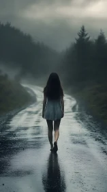 Solitary walk along a rain-soaked forest road at dusk.
