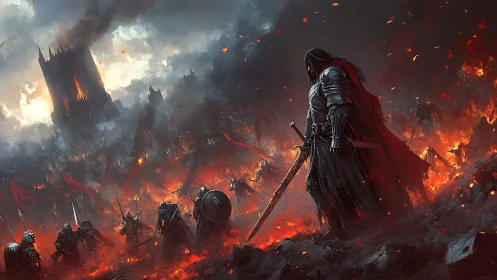 Armored swordsman stands in volcanic battlefield with soldiers
