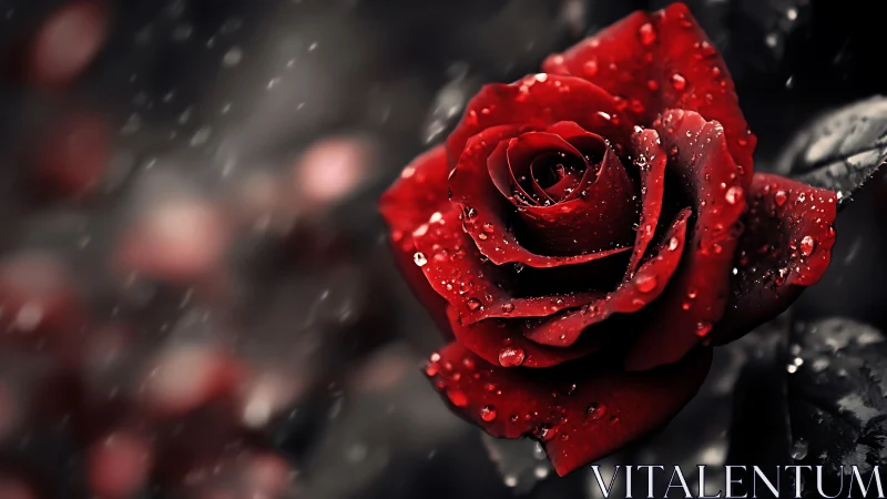Crimson Rose in Rain: Selective Color Photorealistic Study.