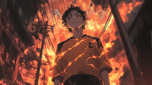Fiery sky engulfs determined youth in glowing alleyway.