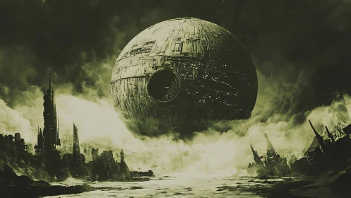 Colossal battle station looms over ruined alien cityscape.