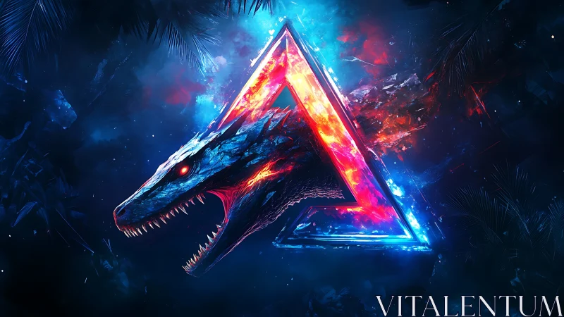 Dragon head intersects glowing triangular neon frame