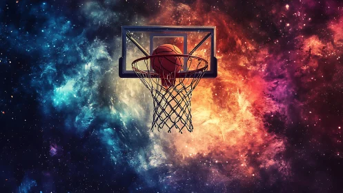 Cosmic basketball hoop with nebular background illumination.