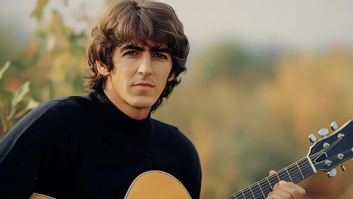 Gentle afternoon guitarist in soft autumn light outdoors.