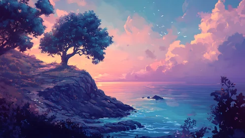 Solitary tree overlooks luminous coastal haven at twilight.