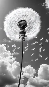 High-contrast macro dandelion seed head dispersing in cloudy sky