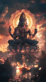 Lotus-borne deity floats above burning river of prayers