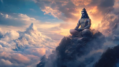 Divine blue deity seated atop sunlit Himalayan cloud peaks
