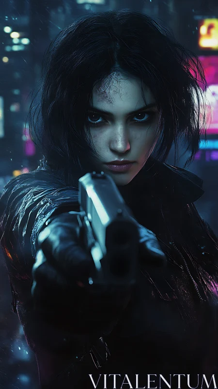 Fierce night warrior holding her ground in neon rain.