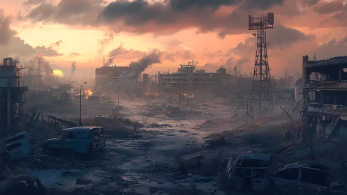 Sunset smolders over a ruined post apocalyptic industrial cityscape.