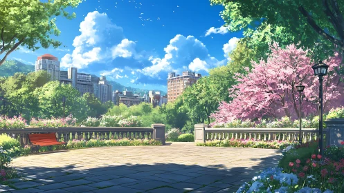 Urban spring terrace overlooking skyline and flowering trees.