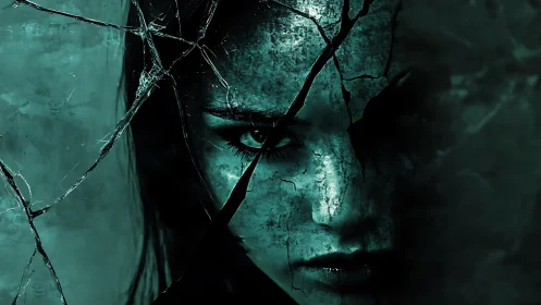 Female face emerges through cracked dark glass and shadows