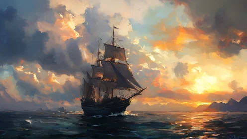 Tall ship cuts across fiery sunset ocean sky with drama