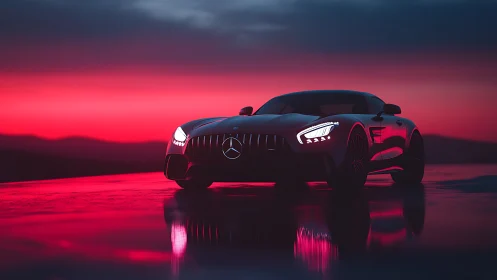 Sleek sports car glows against a dramatic neon dusk horizon