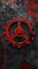 Heavily weathered red gear emblem on distressed metal slab