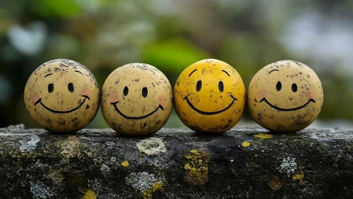 Four smiley face balls aligned on weathered stone ledge.