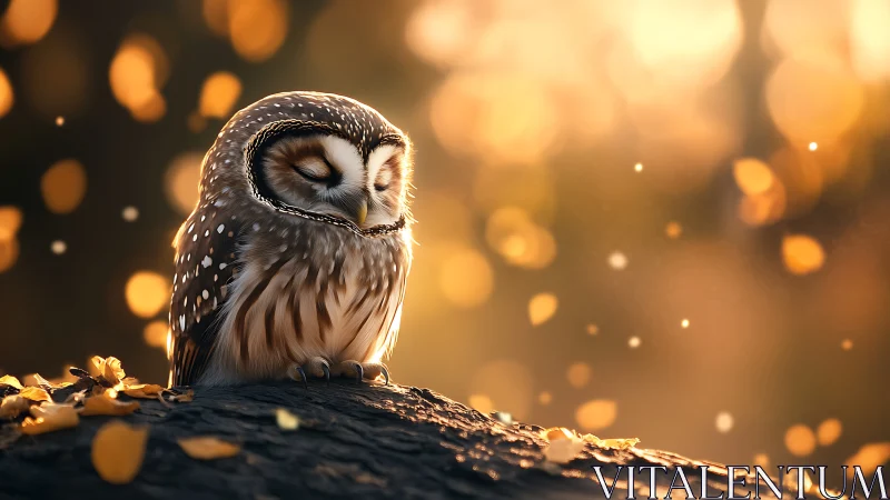 Serene owl resting on tree branch in dreamy autumn sunlight.