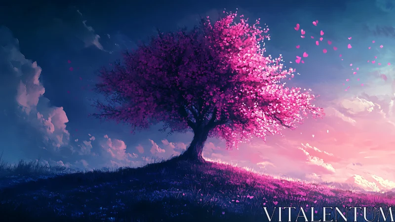 Blossoming pink tree glowing softly under a twilight sky.