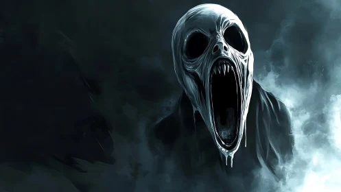 Spectral skull-entity with distended maw in fog-laden void.