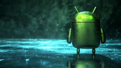 Green robot mascot stands on reflective wet surface at night