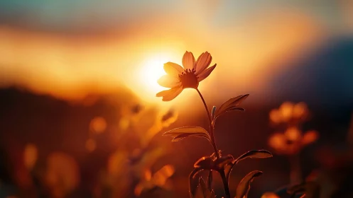 Backlit wildflower silhouette in glowing sunset haze.