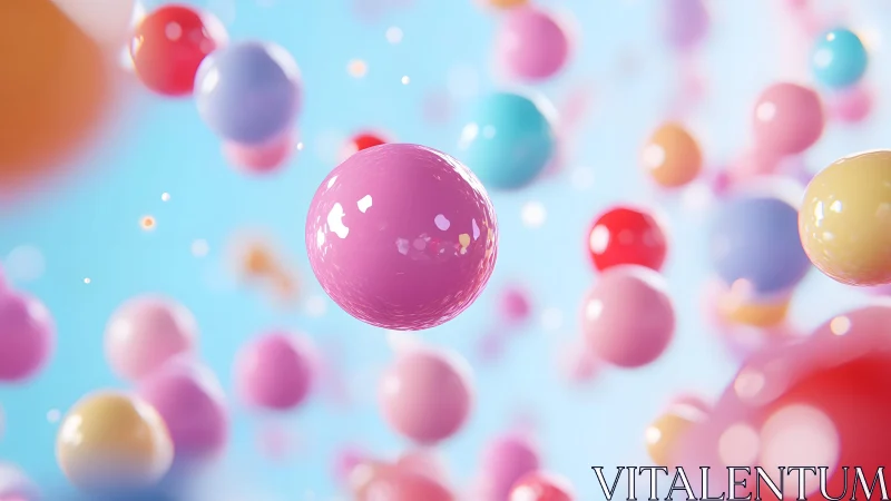 Colorful glossy spheres floating in bright blue space.