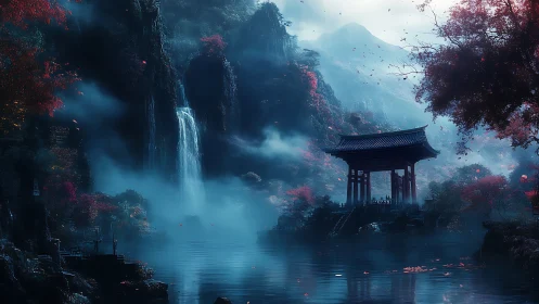 Misty lakeside shrine beneath waterfalls and mountains.