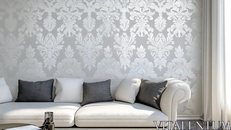 Contemporary damask accent wall with tonal white sofa composition.
