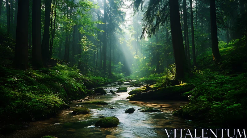 Serene forest stream with sunbeams in lush green woodland landscape.