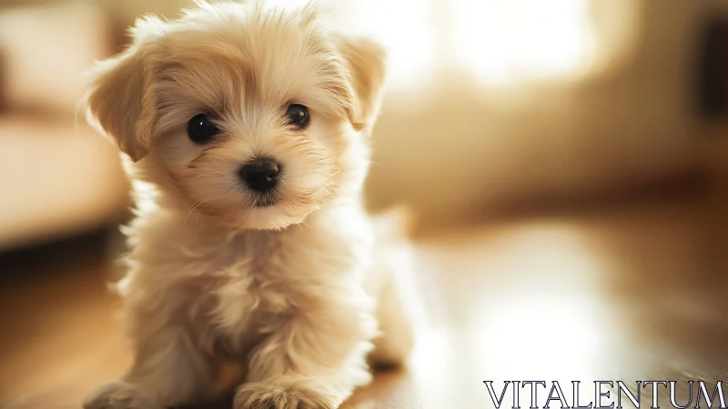 Backlit toy-breed puppy in shallow depth-of-field portrait.