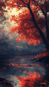 Autumn foliage over calm forest river with reflected canopy.