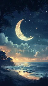 Digital painting seascape with crescent moonlit skyscape.