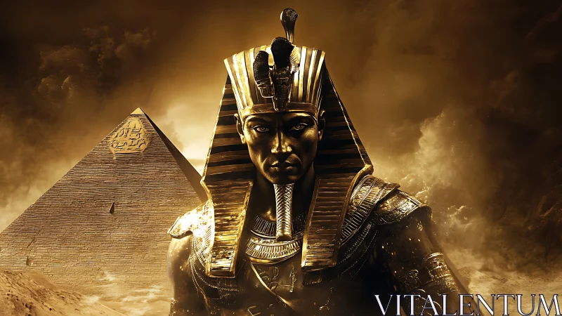 Regal Egyptian pharaoh stands before pyramid in golden storm