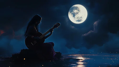 Moonlit shore silhouette with woman playing guitar at dusk.