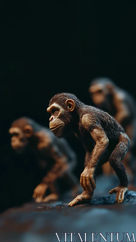 Detailed 3D render of three chimpanzees in profile focus.